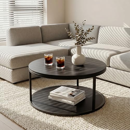 36" Modern Round Coffee Table for Living Room, 2-Tier Wood Design with Storage Shelf, Sturdy Metal Frame, Stylish Small Space Furniture, Black Metal