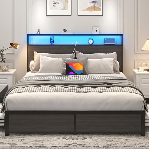 Metal Platform Bed with Storage and Charging Station, Rustic Grey, view 4