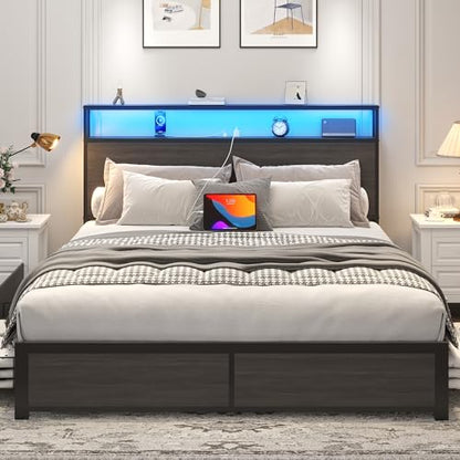 Metal Platform Bed with Storage and Charging Station, Rustic Grey, view 4