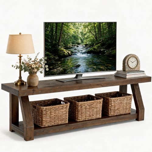 63" Solid Wood TV Stand, 2-Tier Media Console with Open Storage, view 2