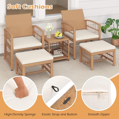 5 Pieces Patio Wicker Conversation Set, Outdoor Furniture Set with 2 Armchairs, 2 Ottomans & 2-Tier Side Table, Outside Rattan Cushioned Sofa Set for Deck, Backyard, Porch or Poolside