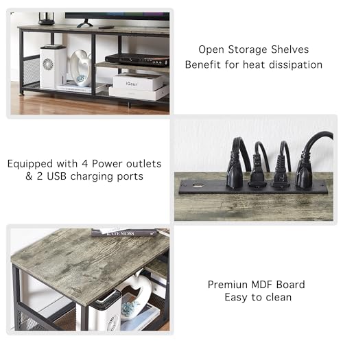 TV Stand with Power Outlets for Televisions up to 80Inch, 70" Media Entertainment Center with Charging Station 3-Tier Open Storage Shelves with Metal Frame for Living Room/Bedroom，Grey
