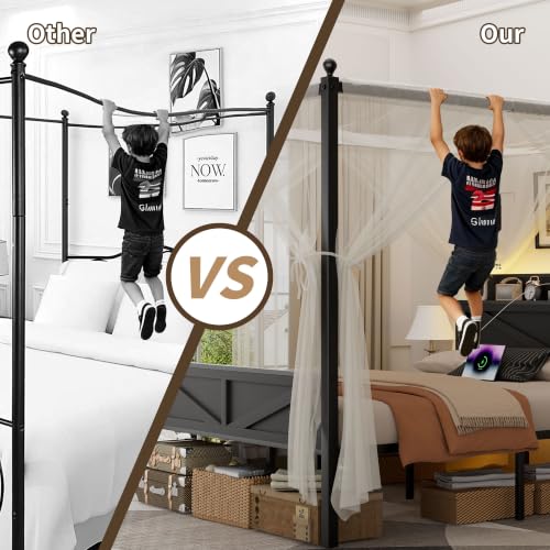 Metal Canopy Bed Frame King Size with Storage Headboard, view 5