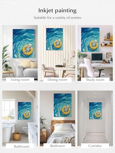 NuYeBiofx Ombre Blue Ocean Funny Skeleton Canvas Wall Art Prints,40"x28" Framed Picture Artwork Abstract Oil Painting Printed Canvas Oil Painting for Living Room Bedroom Office,Ready to Hang
