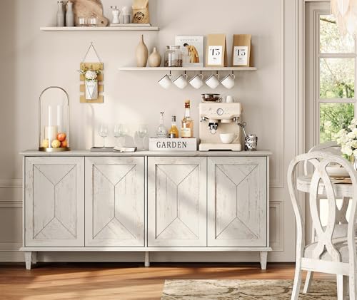 65" Modern Farmhouse TV Stand with Handcrafted Patchwork Doors for 75" TVs, Entertainment Center Console with Cable Management, Adjustable Shelves Storage for Living Room, Pale Oak