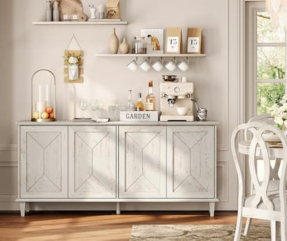65" Modern Farmhouse TV Stand with Handcrafted Patchwork Doors for 75" TVs, Entertainment Center Console with Cable Management, Adjustable Shelves Storage for Living Room, Pale Oak