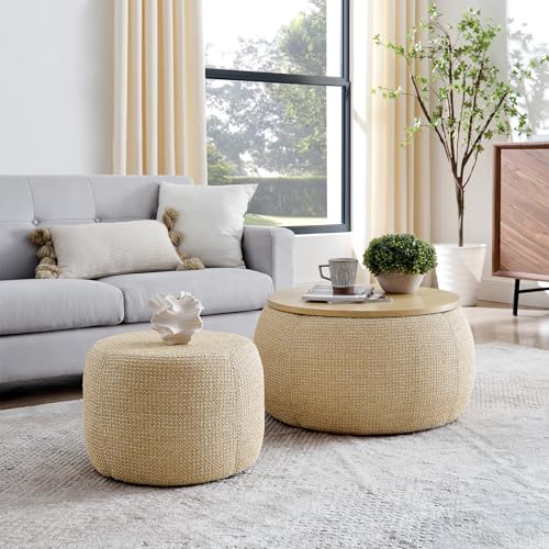 TTK Round Ottoman with Storage Set of 2, 25" Large Upholstered Storage Ottoman Set Coffee Table with Removable Wood Tray, Modern Circle Foot Stool Padded Bench Ottomans for Living Room (Natural)