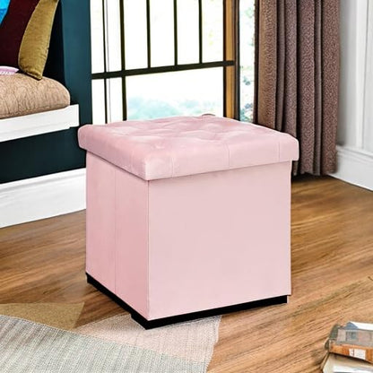 Storage Ottoman Cube, Velvet Tufted Folding Ottomans with Lid, Footstool Rest Padded Seat for Bedroom (Pink, Medium)