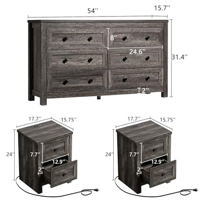 Bedroom Dresser and Nightstand 3 Piece Set, 1 X Wood Rustic 6 Drawer Storage Dresser, Nightstand Set of 2 with Charging Station, Farmhouse Bedroom Furniture Set, Rustic Grey