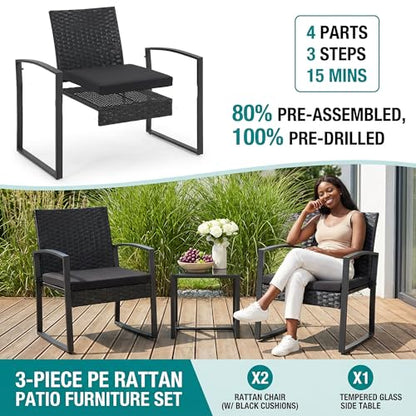 3 Pieces Patio Furniture Set, Outdoor Rattan Bistro Set with Coffee Table, Durable Steel Frame with Strapped Cushions for Garden, Balcony, Poolside, Backyard
