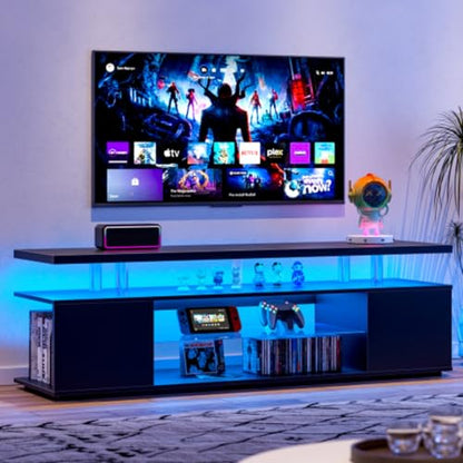 Black TV Stand,LED for Living Room,Glass Entertainment Center TV Stand, TV Console Tables for Living Room,Bedroom,Home Office (White)