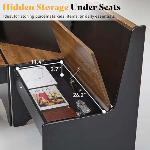 Corner Dining Table Set with Storage, 3-Piece L-Shaped Breakfast Nook Featuring Hidden Bench Storage, Compact Kitchen Dining Set for Small Spaces, Black & Oak