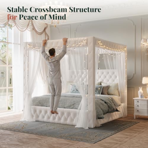 Queen Canopy Bed Frame Velvet Upholstered Headboard, Cream, view 7