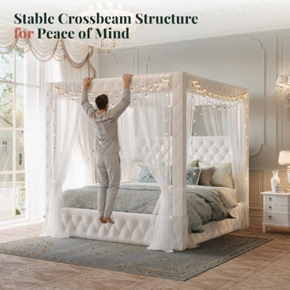 Queen Canopy Bed Frame Velvet Upholstered Headboard, Cream, view 7