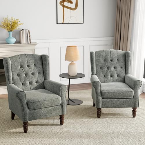 Mid-Century Modern Wingback Accent Chair - Plush Upholstered Armchair with Solid Oak Legs, Ergonomic High Back Design for Living Room, Bedroom Home Office - Stylish Retro Reading Lounge Chair, Gray