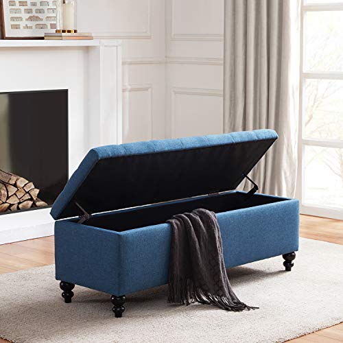 Button-Tufted Ottoman with Storage in Upholstered Fabrics, Large Storage Bench for Bedroom, Living Room, Entryway, Bench with Safety Hinge Hold Up to 300lbs (Blue)
