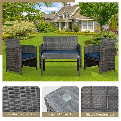 4 Piece Outdoor Patio Furniture Set, Outdoor Wicker Rattan Chairs Conversation Sets with Cushions & Coffee Table for Outside, Garden, Balcony, Porch, Dark Blue