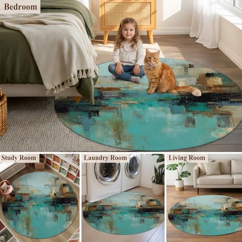 Round Area Rug 6 Ft, Modern Abstract Washable Non-Slip Circle Carpet for Living Room/Bedroom, Country Color Blocks Teal Brown Low-Profile Indoor Mats Collection Rugs for Residential
