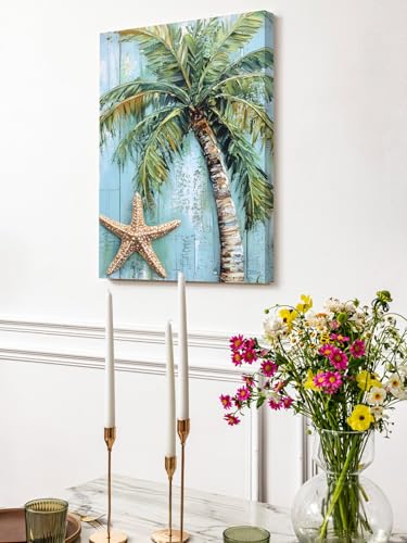 NuYeBiofx Summer Coconut Tree Starfish Canvas Wall Art Prints,40"x28" Framed Picture Artwork Seaside Plant Blue Wood Plank Printed Canvas Oil Painting for Living Room Bedroom Office,Ready to Hang