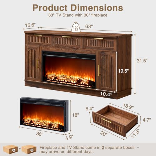 Fireplace TV Stand for 75" TV, 36" Electric Fireplace with Mantel, Walnut, view 3