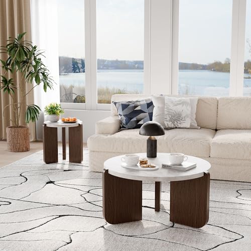 31.5" Round Coffee Table, Faux Marble Tabletop with Walnut Wood Grain Legs, Modern Minimalist Center Table for Living Room, Waterproof & Easy Assembly, Off-White