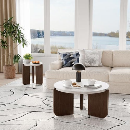 31.5" Round Coffee Table, Faux Marble Tabletop with Walnut Wood Grain Legs, Modern Minimalist Center Table for Living Room, Waterproof & Easy Assembly, Off-White