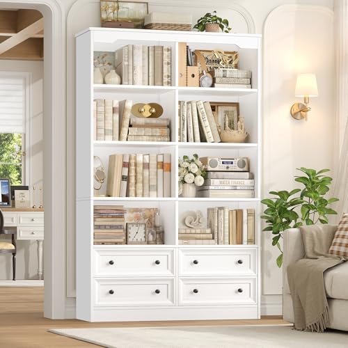 71" Tall Bookshelf with 4 Drawers, 6-Tier Double Wide Bookshelves and Bookcases with Storage, White Bookshelf Large Open Bookshelves Standing Book Cabinet for Home Office, White