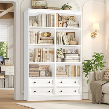71" Tall Bookshelf with 4 Drawers, 6-Tier Double Wide Bookshelves and Bookcases with Storage, White Bookshelf Large Open Bookshelves Standing Book Cabinet for Home Office, White