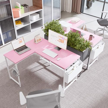 47 Inch Reversible L Shaped Gaming Desk Corner Computer Desk with Storage Bag Home Office Table for Writing Study Pink