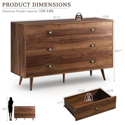 Walnut 6 Drawer Dresser for Bedroom, 47" Wood Dresser with Gold Handles., view 3