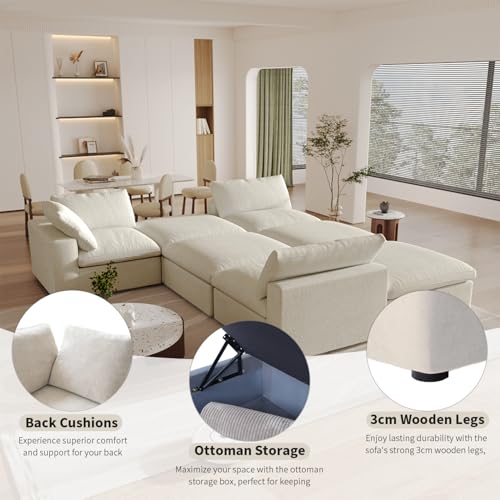 Cloud Modular Sectional Sofa with Storage Ottoman,120.45" L Shaped Couch for Living Room,Down Filled Convertible Couch Deep Seat for Office Apartment,Covers Washable&Replaceable,Khaki