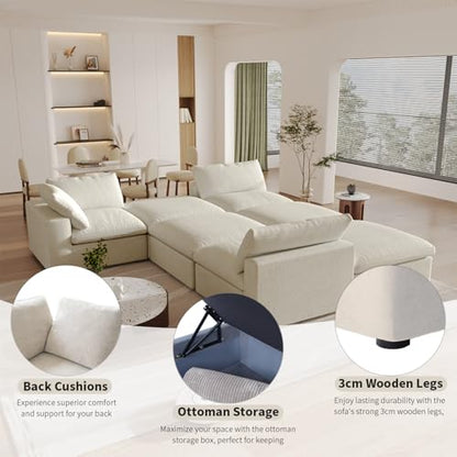 Cloud Modular Sectional Sofa with Storage Ottoman,120.45" L Shaped Couch for Living Room,Down Filled Convertible Couch Deep Seat for Office Apartment,Covers Washable&Replaceable,Khaki