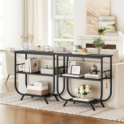 3 Tier Small Console Table, 31.5" Entryway Table with Storage Shelf, Narrow Sofa Table, Behind Couch Table, Hallway Table with S-Hooks, for Living Room, Black BB63XG01