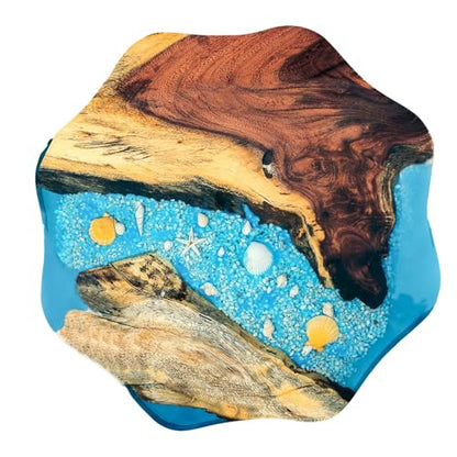 Crystal Clear Epoxy Resin Natural Edge Wood end Table, Wood Resin Side Table Hand Made Craft Coffee Table with Hairpin legs-20 inch Tall (Blue Seashell)
