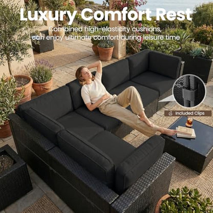 8 Pieces Patio Furniture Set with 44" Propane Gas Fire Pit Table, Outdoor Sectional Wicker Conversation Sofa Sets with Coffee Table