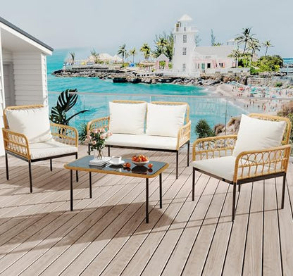 4-Piece Outdoor Patio Furniture Set, All-Weather PE Rattan Wicker Loveseat & Chairs with Glass Coffee Table & Steel Frame, Boho Conversation Set for Patio, Balcony, Backyard, Beige