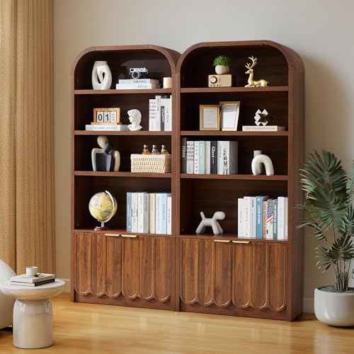 70" Tall Arched Bookshelf with Storage Cabinet, Modern 4-Tier Wood Bookcase with Scalloped Doors & Gold Handles, Open Display Shelves for Living Room, Bedroom, or Home Study Office (Walnut)