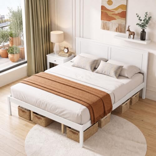 Queen Size Bed Frame, Farmhouse Wooden Platform Bed with Headboard, view 2