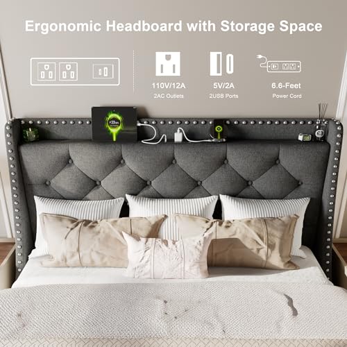Queen Bed Frame with Luxury Wingback and Fast Charging Station, view 5