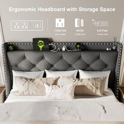 Queen Bed Frame with Luxury Wingback and Fast Charging Station, view 5
