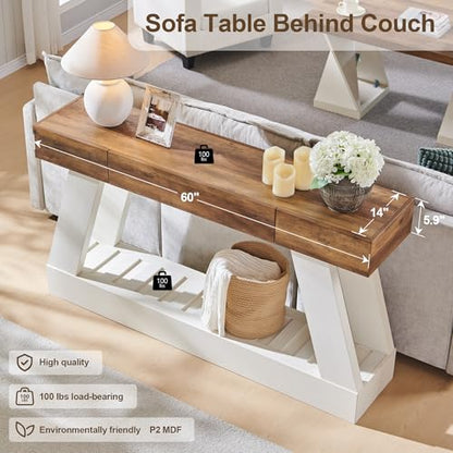 60" Farmhouse Entryway Table with Drawer, Console Table Behind Sofa, Narrow Long Entryway for Hallway, Living Room, Hallway, Behind Couch(Antique White)
