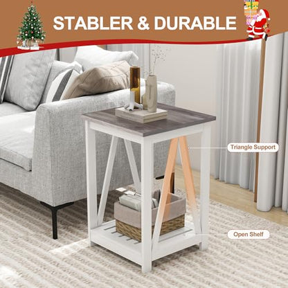 Farmhouse Square End Table, Accent Side Table with Slats Design, Sofa Side Table with Sturdy Frame for Living Room, Oak Grey
