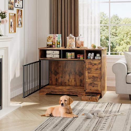 48'' Dog Crate Furniture with Bowl, Medium Dog Cage, Retro Brown, view 6