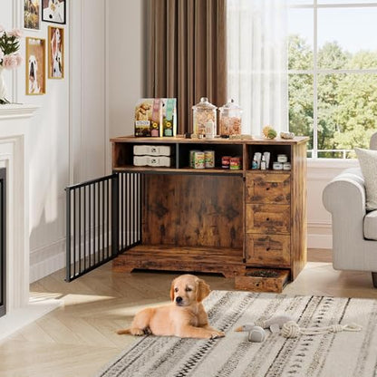 48'' Dog Crate Furniture with Bowl, Medium Dog Cage, Retro Brown, view 6