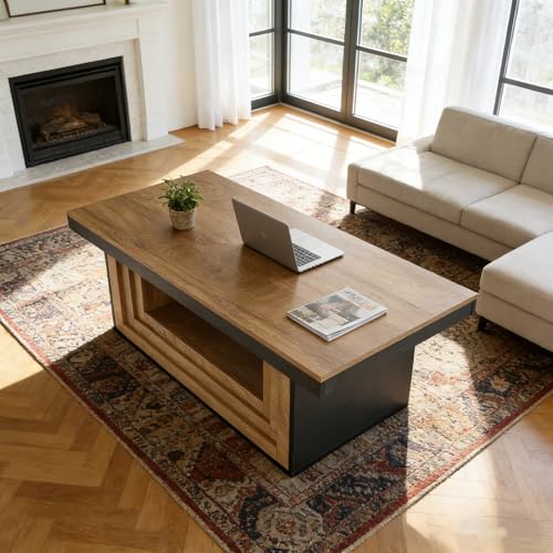 Tribesigns 47-Inch Farmhouse Rectangle Cocktail Living Room Coffee Table with Open Storage, Rustic Wood Fluted Center Table with Shelves, Brown and Black Tea Furniture