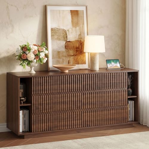 63 Inch Fluted 6 Drawers Dresser with Shelves, Walnut, view 4