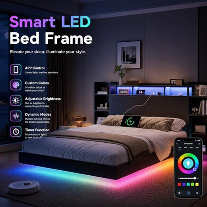 Metal Floating Bed Frame with Storage MDF Headboard and Bookcase for Bedroom, view 5