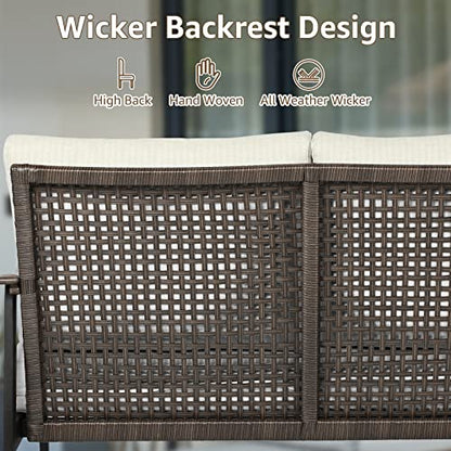 Patio Loveseat Sofa Outdoor Furniture Metal Chair with Wicker Backrest & 6 Inches Cushion for Indoor, Front Porch, Deck, Balcony, Backyard, 51.77"(L) x 29.75"(W) x 33.86"(H).