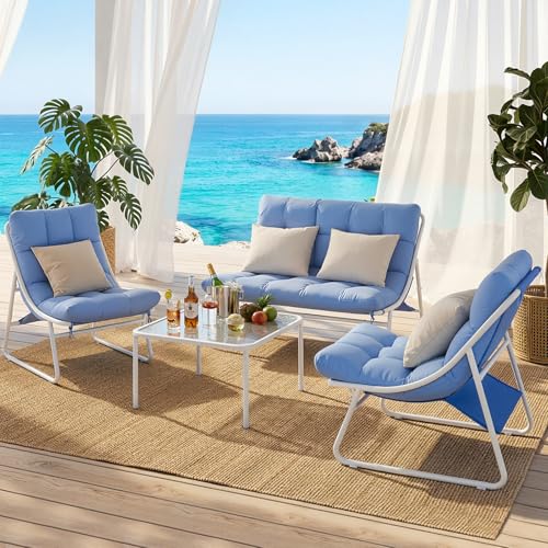 Patio Furniture Set, 4-Piece Outdoor Patio Conversation Set, 2-in-1 Metal Patio Sofa Sets with Cushions & Glass Coffee Tablefor Backyard, Garden, Porch, Poolside, White & Blue