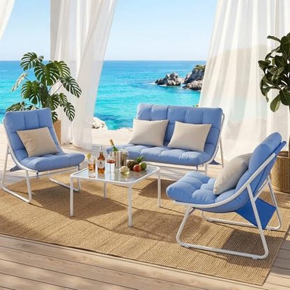 Patio Furniture Set, 4-Piece Outdoor Patio Conversation Set, 2-in-1 Metal Patio Sofa Sets with Cushions & Glass Coffee Tablefor Backyard, Garden, Porch, Poolside, White & Blue